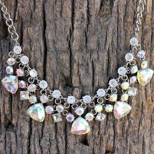 Aurora Borealis Ab Crystal Bib Triangular Round Curb Chain Evening Necklace Set